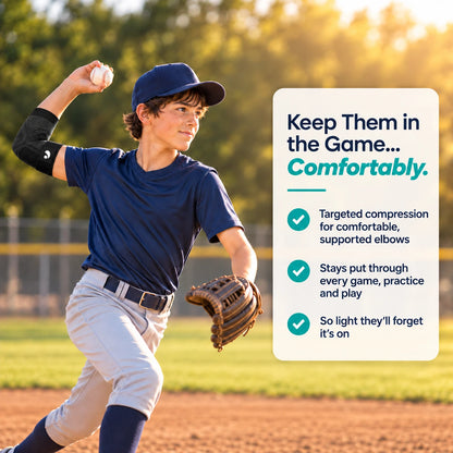 Boy pitching on a baseball mound wearing the RecoverX youth elbow support sleeve.
