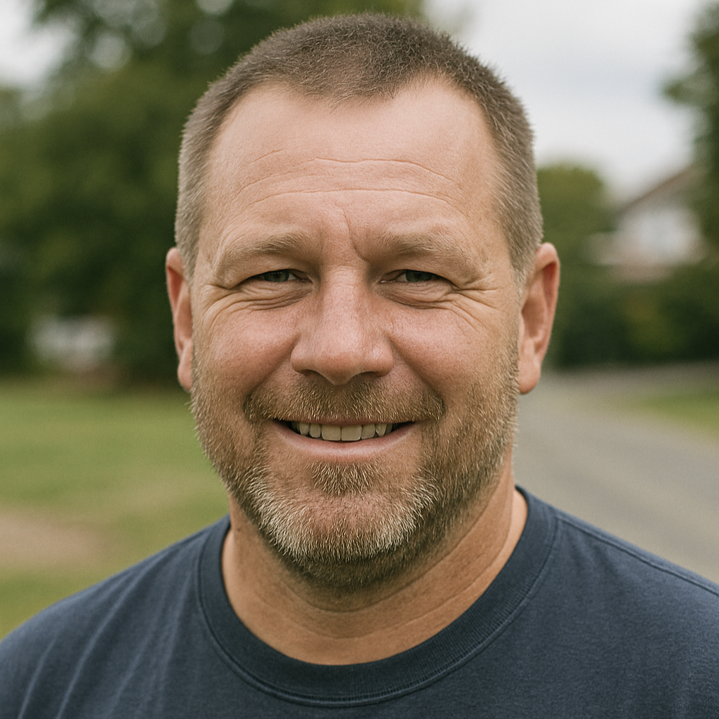Man with a beard and short hair wearing a dark blue shirt outdoors.