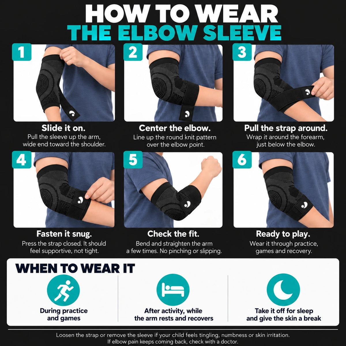 How to wear the RecoverX elbow sleeve in 6 steps: slide it on, center the elbow, wrap the strap, fasten it snug, check the fit, ready to play.
